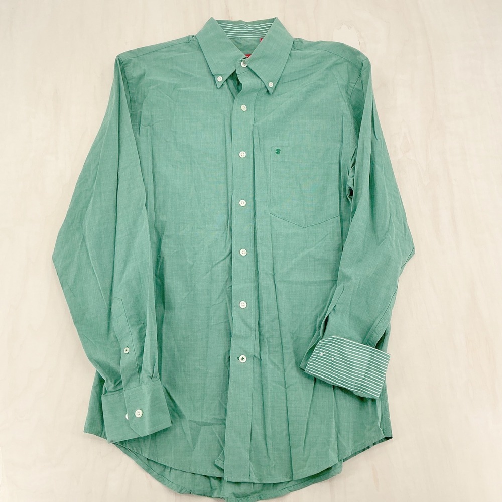 IZOD Button Down Shirt Mens S Green Textured Cotton Long Sleeve Preppy Classic